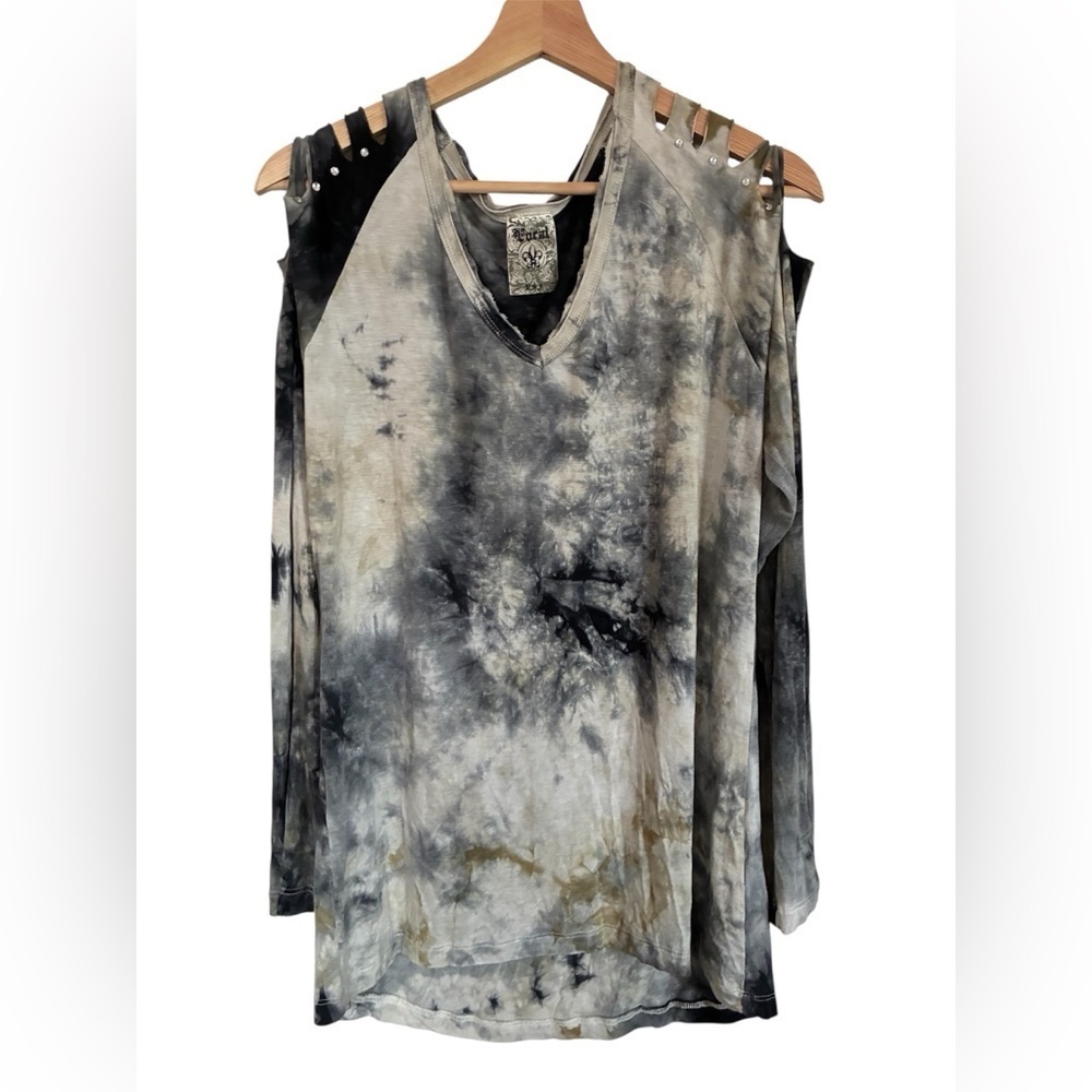 Vocal USA Top Tie Dye Tunic Rhinestone Open Shoulder Y2K Boho Festival